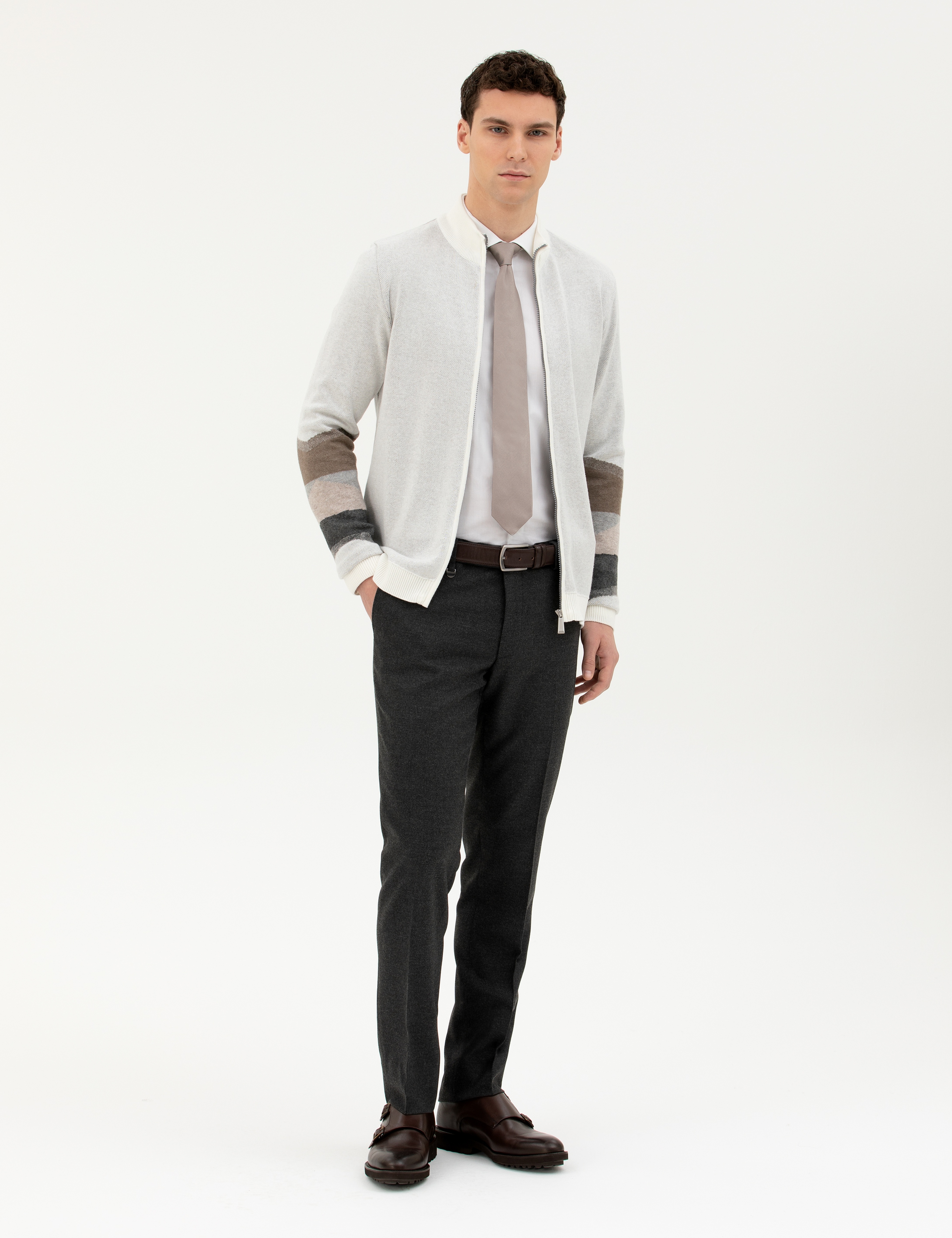 Ekru Slim Fit Fermuarlı Triko Hırka