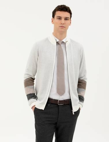 Ekru Slim Fit Fermuarlı Triko Hırka