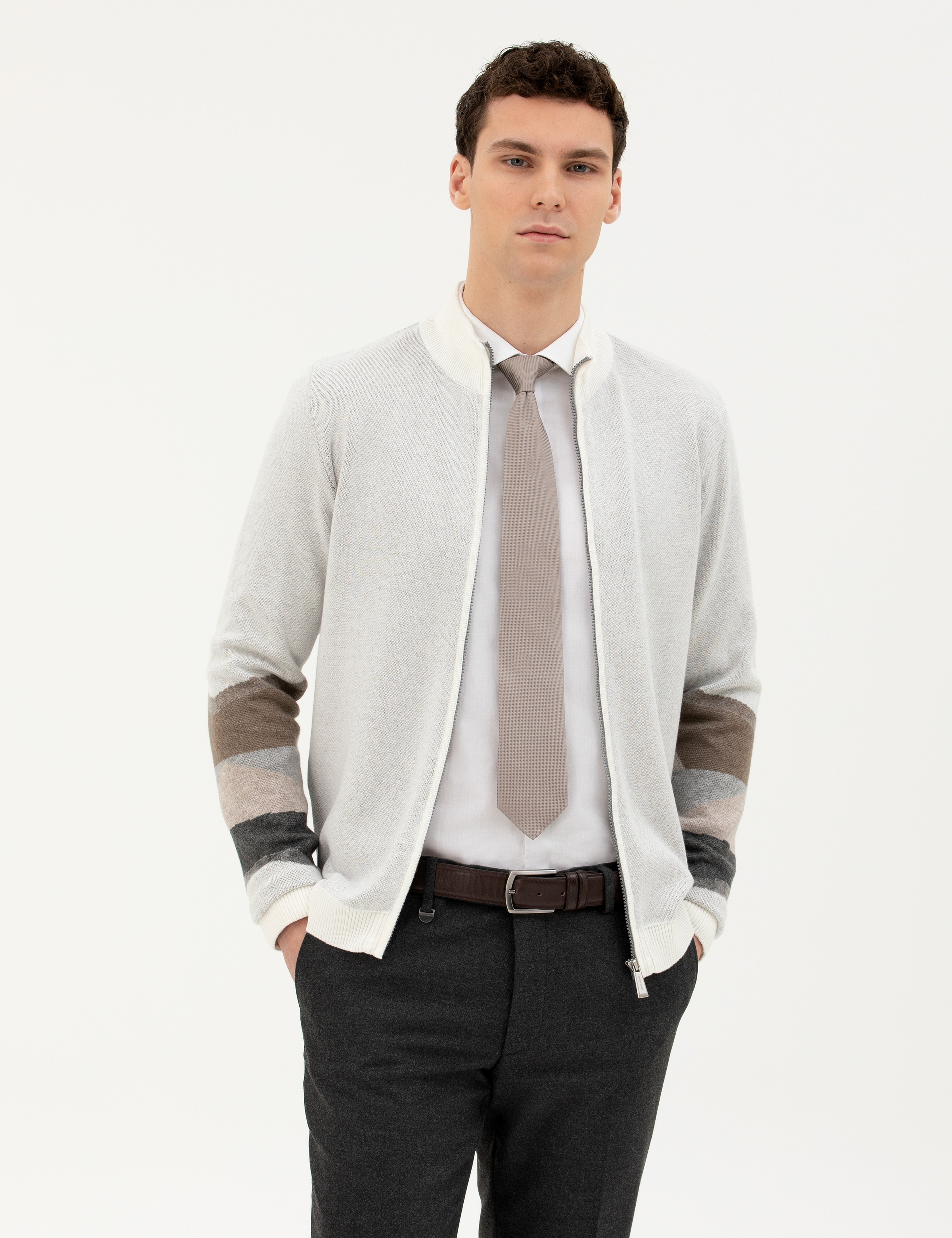 Ekru Slim Fit Fermuarlı Triko Hırka - Image 1