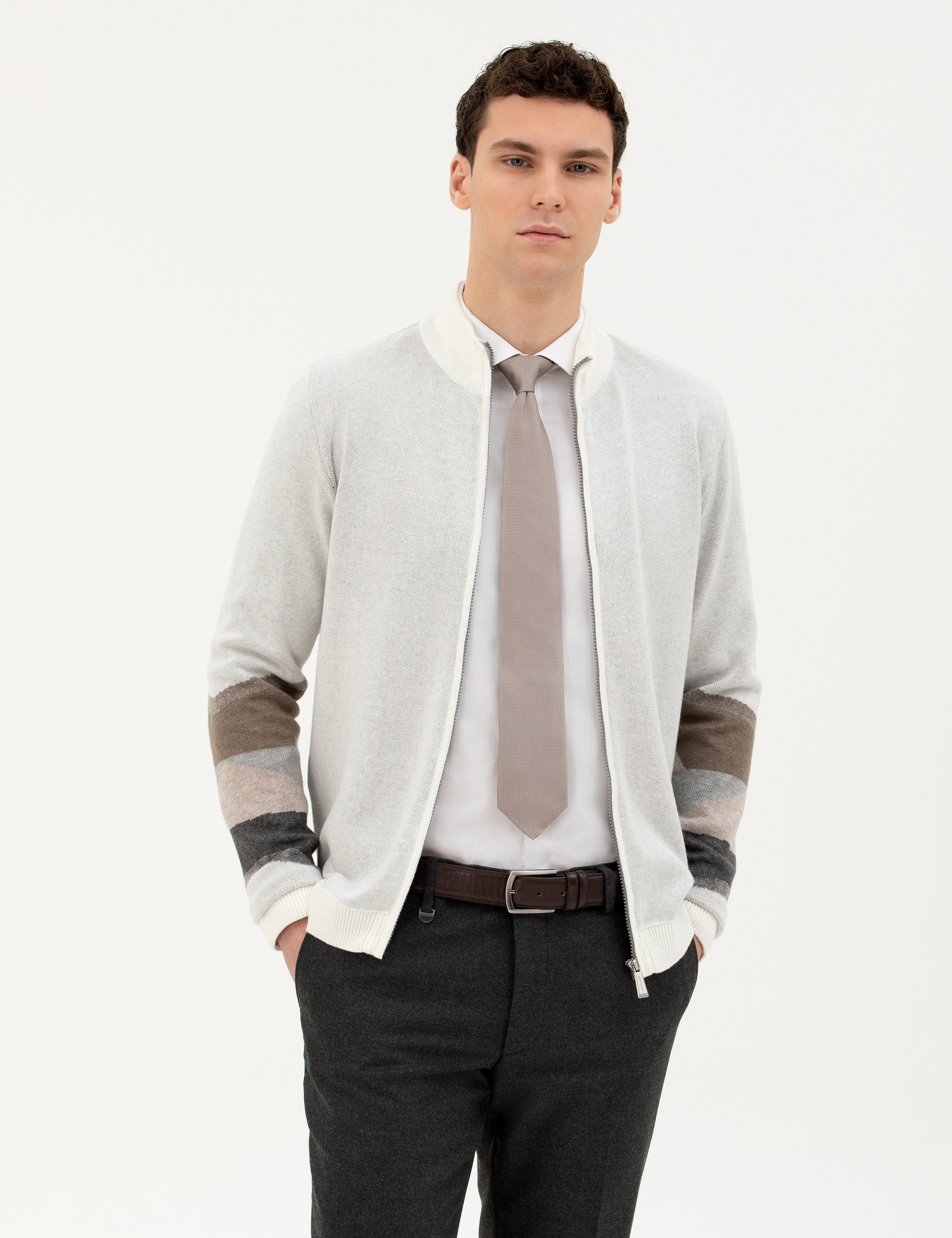 Ekru Slim Fit Fermuarlı Triko Hırka