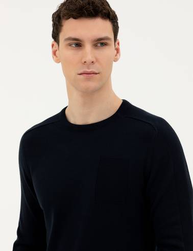 Koyu Lacivert Slim Fit Bisiklet Yaka Triko Kazak