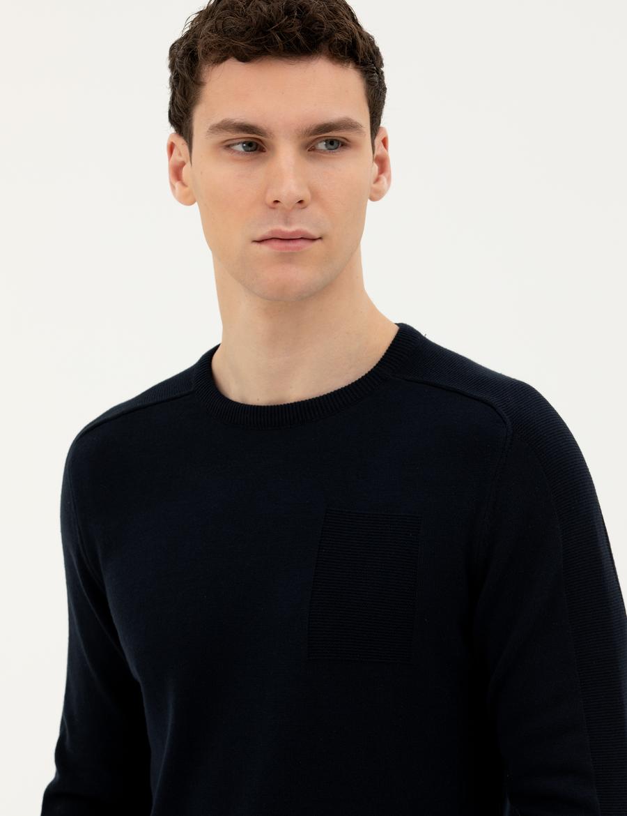 Koyu Lacivert Slim Fit Bisiklet Yaka Triko Kazak