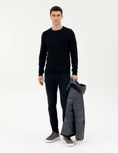 Koyu Lacivert Slim Fit Bisiklet Yaka Triko Kazak
