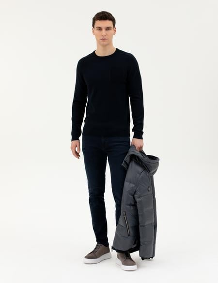 Koyu Lacivert Slim Fit Bisiklet Yaka Triko Kazak - 50281779028