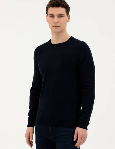 Koyu Lacivert Slim Fit Bisiklet Yaka Triko Kazak