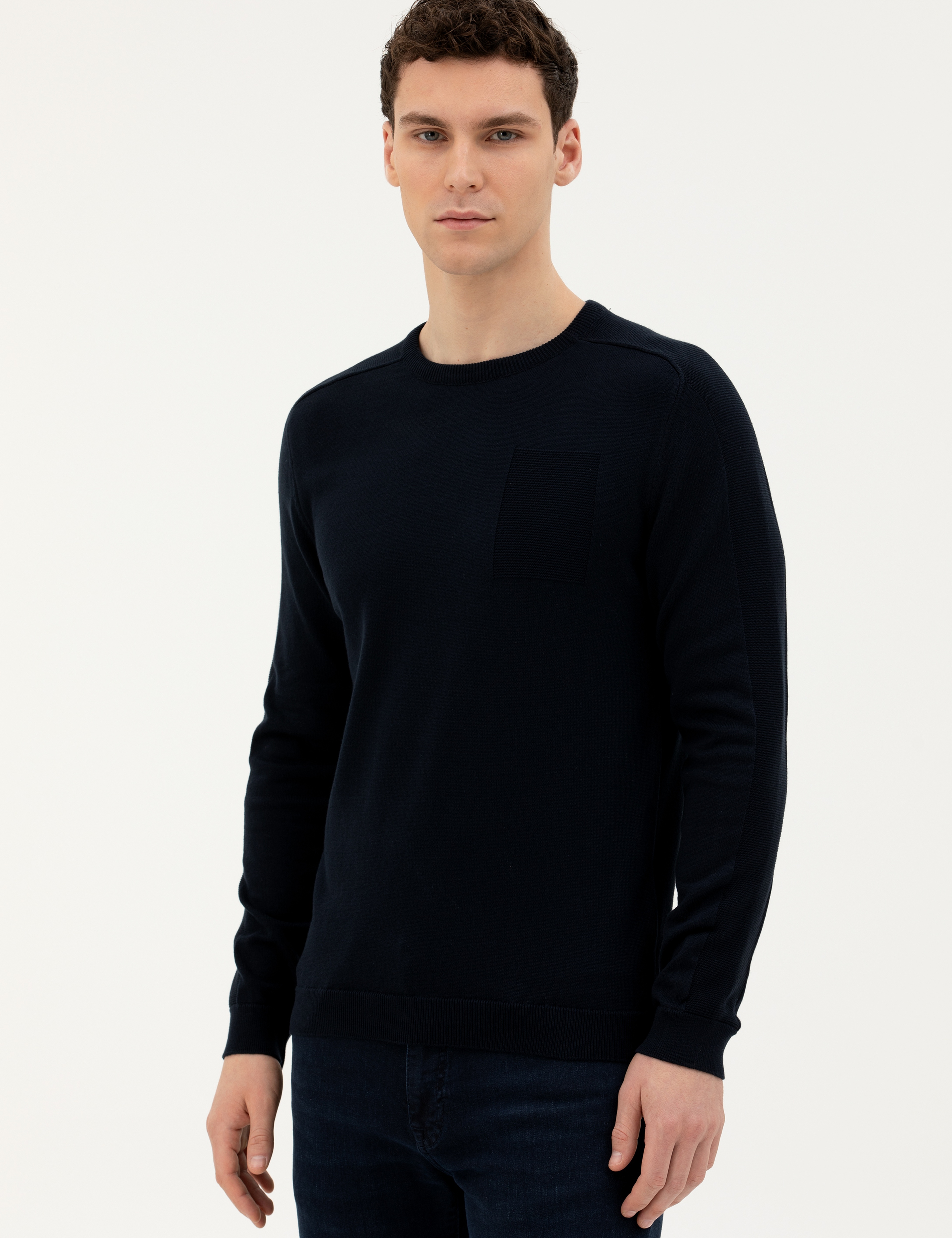 Koyu Lacivert Slim Fit Bisiklet Yaka Triko Kazak - Image 3