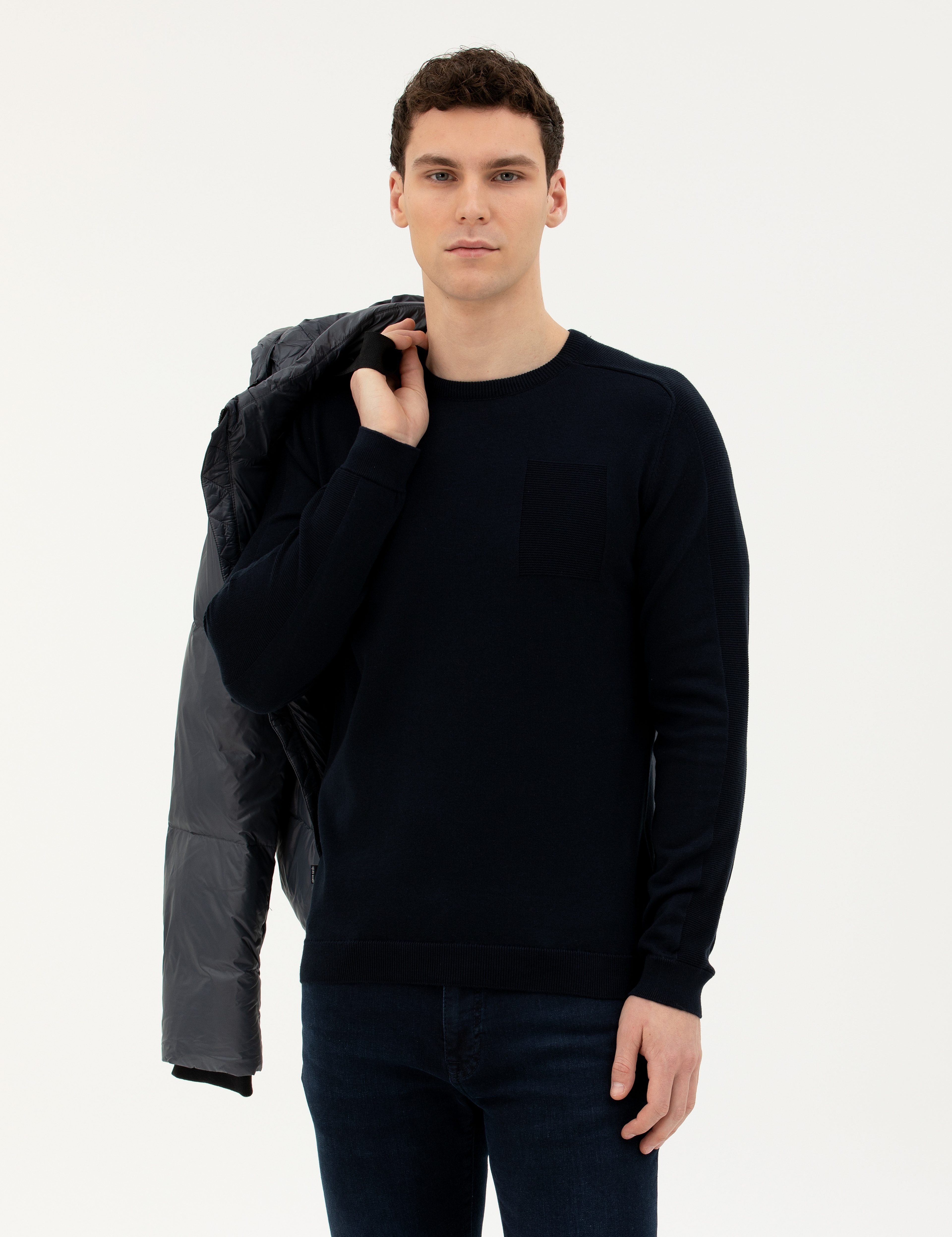 Koyu Lacivert Slim Fit Bisiklet Yaka Triko Kazak - Image 1