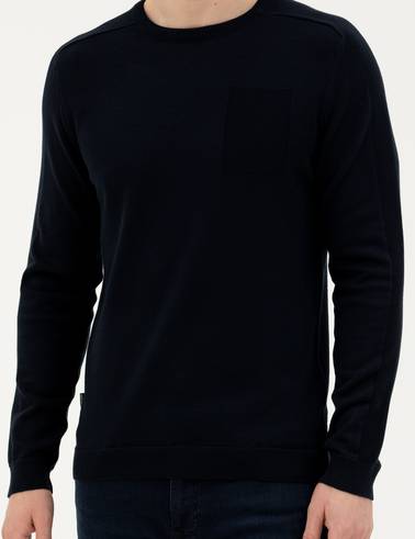 Koyu Lacivert Slim Fit Bisiklet Yaka Triko Kazak