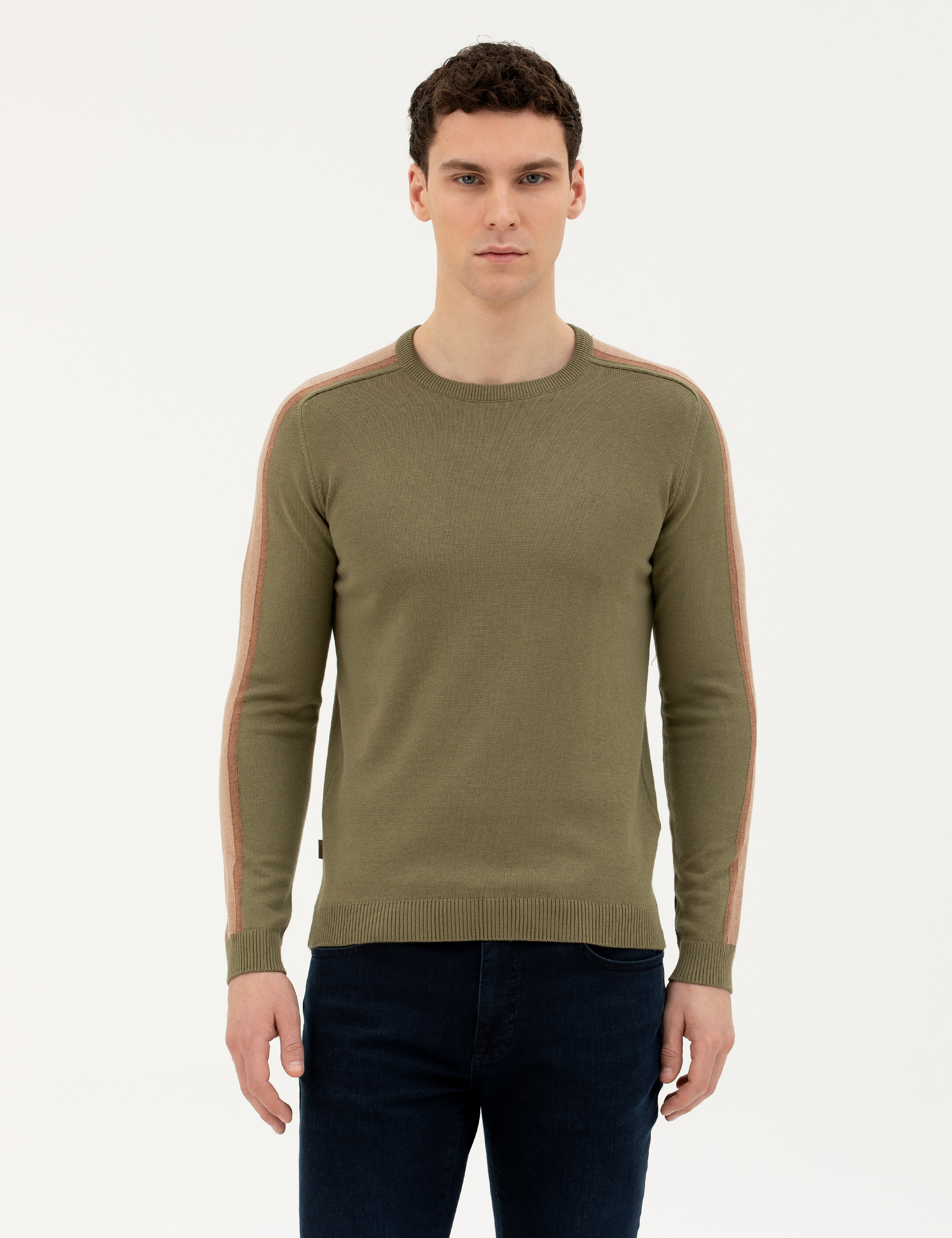 Haki Slim Fit Bisiklet Yaka Triko Kazak - Image 1