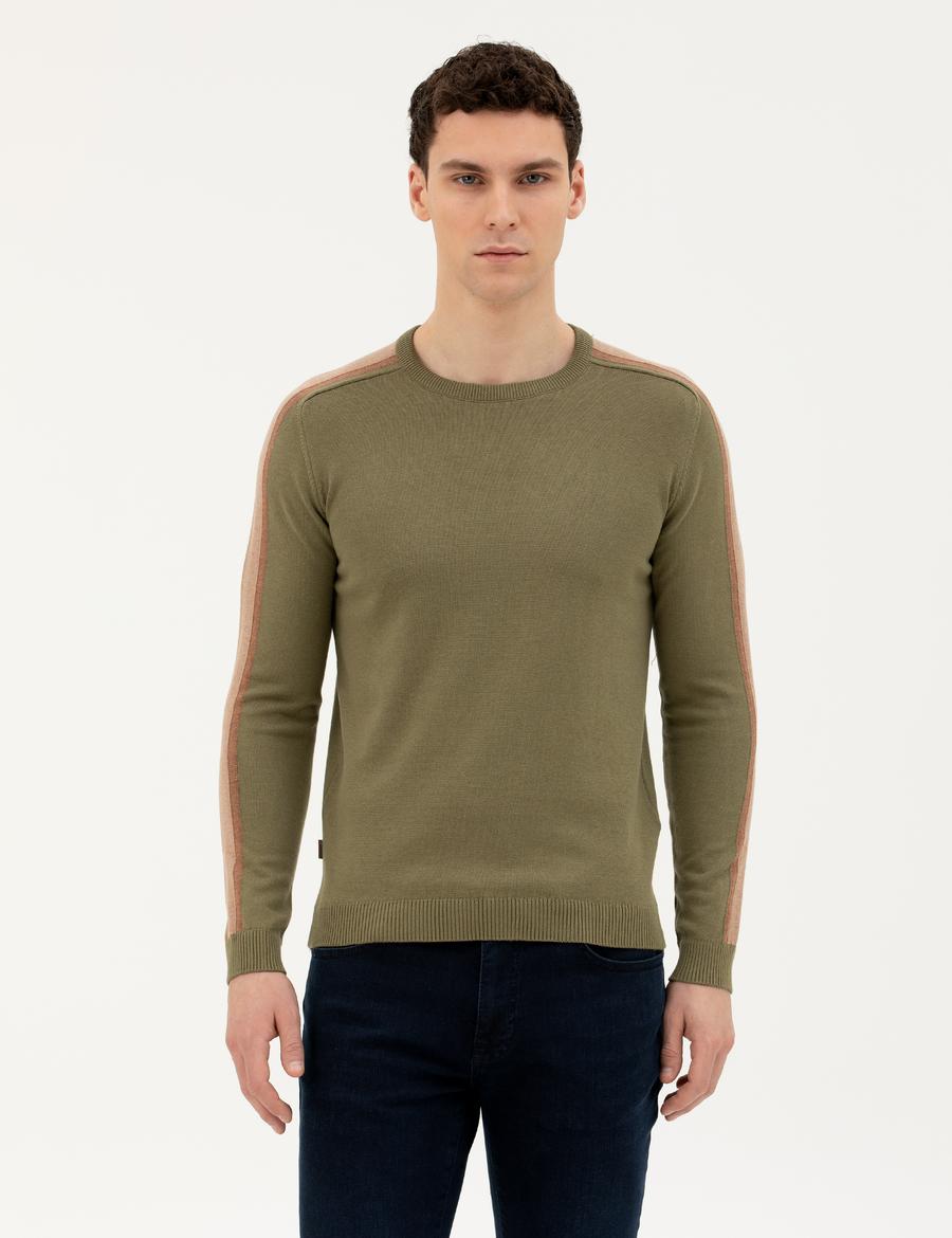 Haki Slim Fit Bisiklet Yaka Triko Kazak