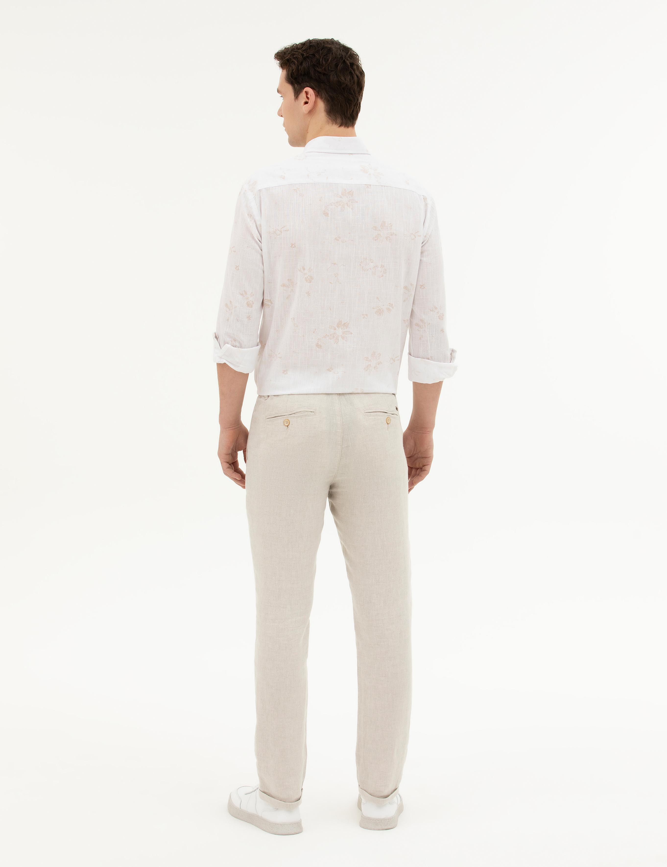 Bej Slim Fit Keten Karışımlı Kanvas Pantolon