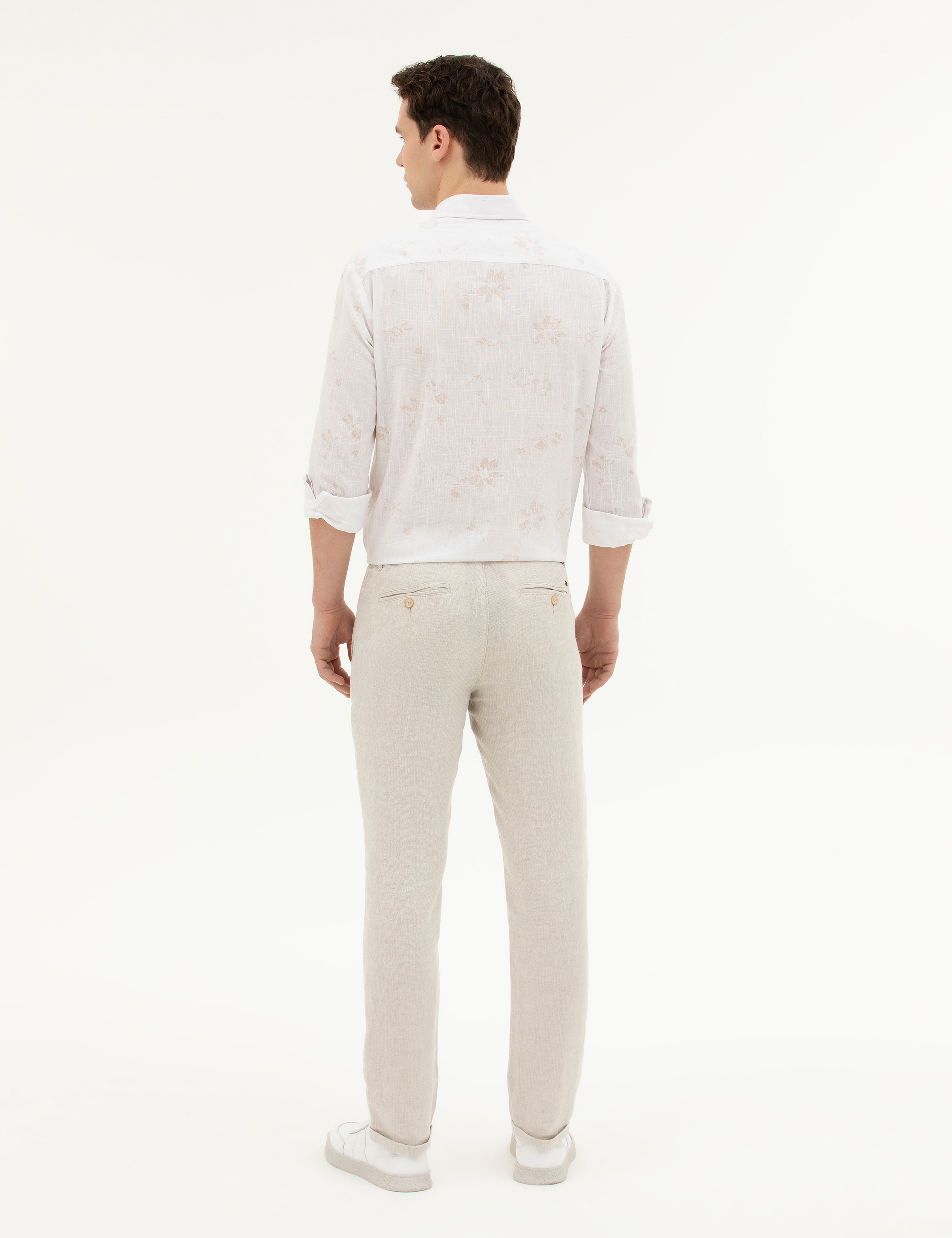 Bej Slim Fit Keten Karışımlı Kanvas Pantolon - Image 4