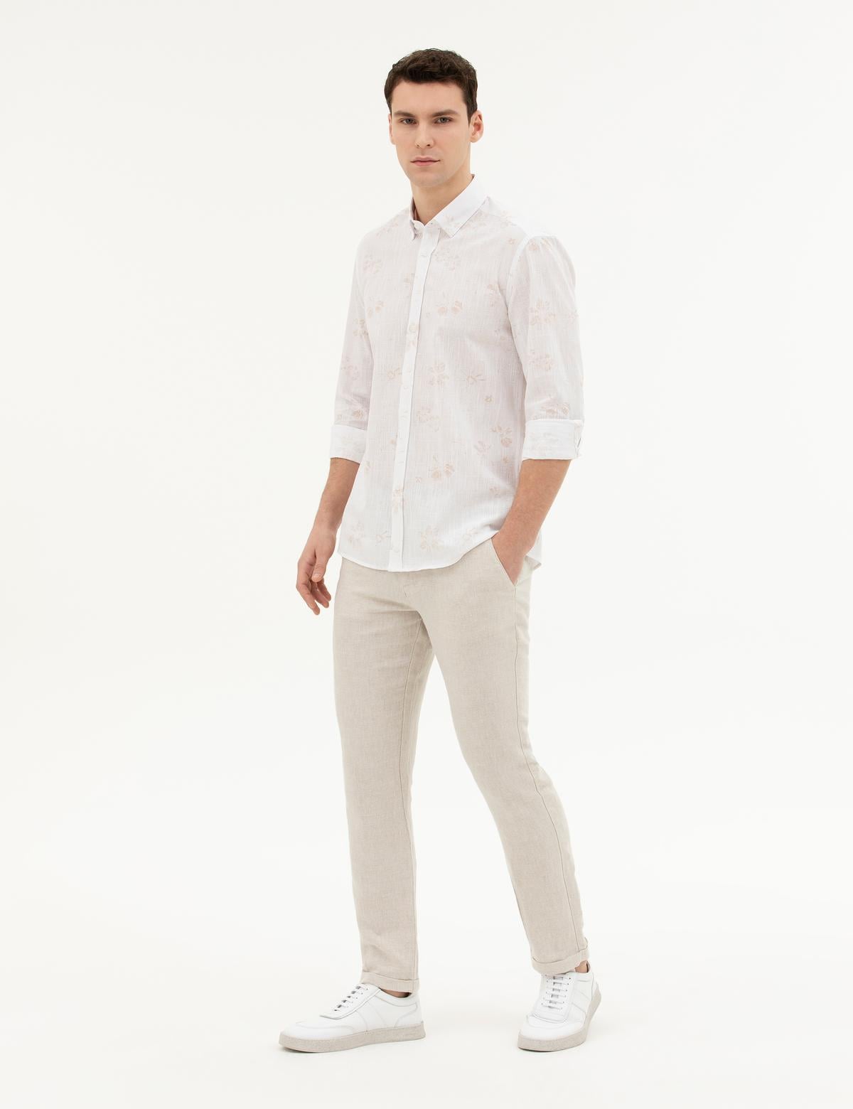 Bej Slim Fit Keten Karışımlı Kanvas Pantolon - 50287884130