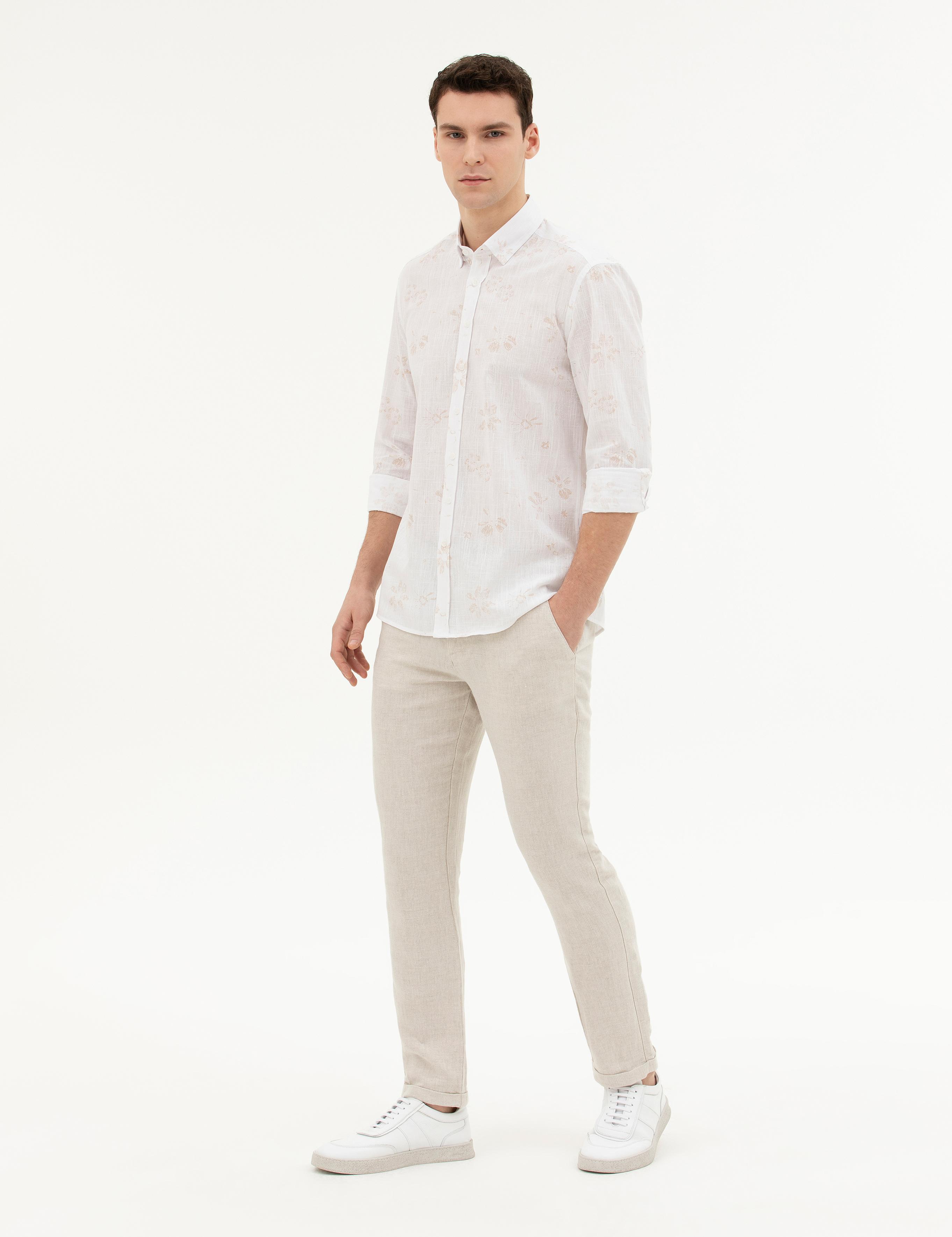 Bej Slim Fit Keten Karışımlı Kanvas Pantolon