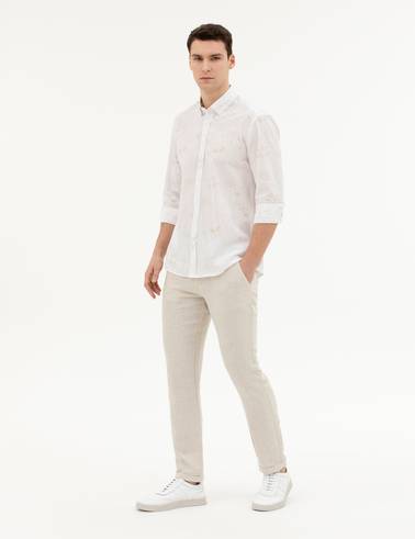 Bej Slim Fit Keten Karışımlı Kanvas Pantolon