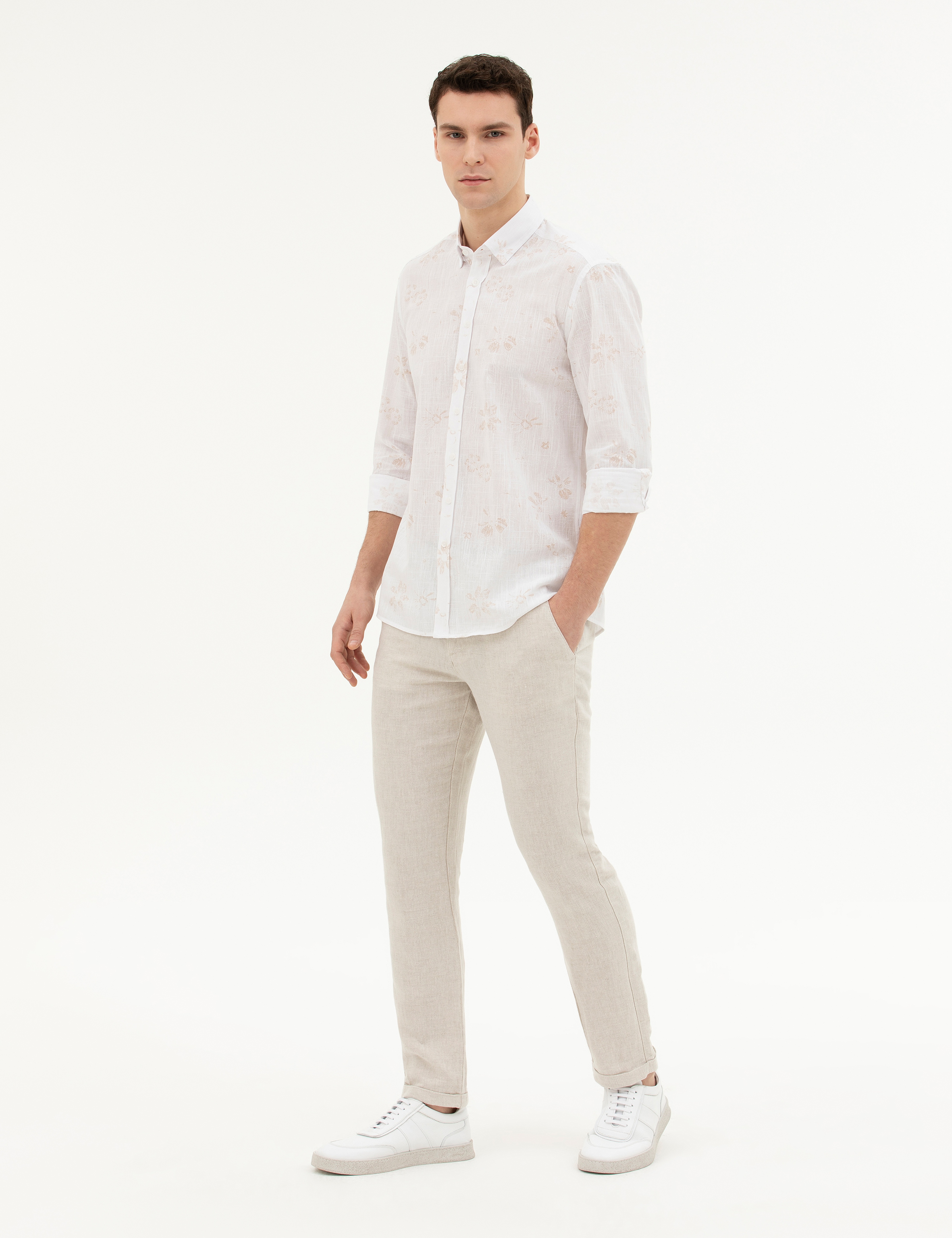 Bej Slim Fit Keten Karışımlı Kanvas Pantolon - Image 3