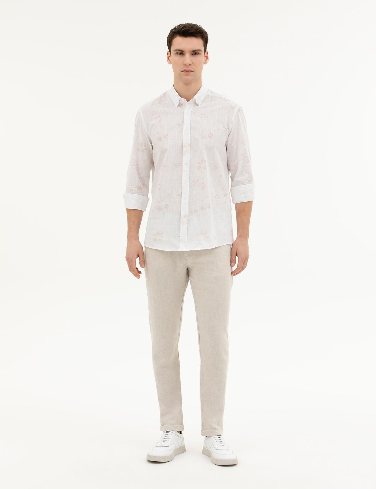 Bej Slim Fit Keten Karışımlı Kanvas Pantolon