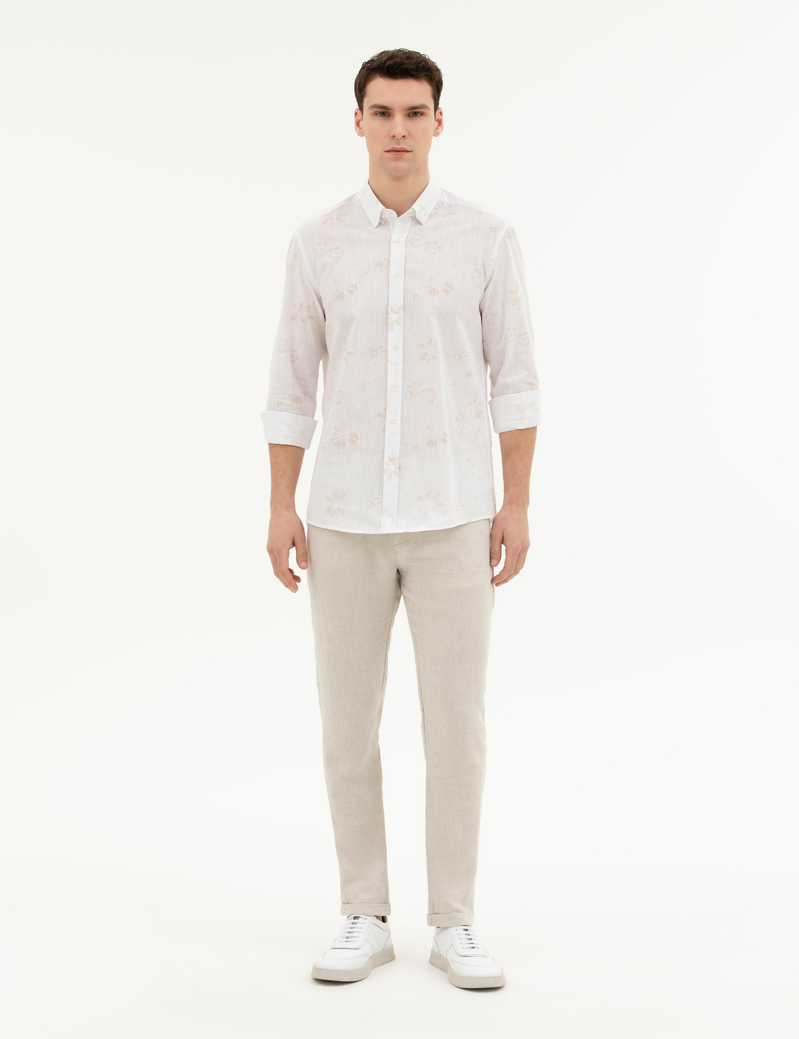 Bej Slim Fit Keten Karışımlı Kanvas Pantolon