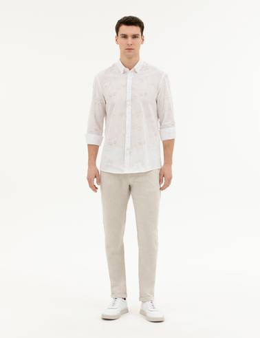 Bej Slim Fit Keten Karışımlı Kanvas Pantolon