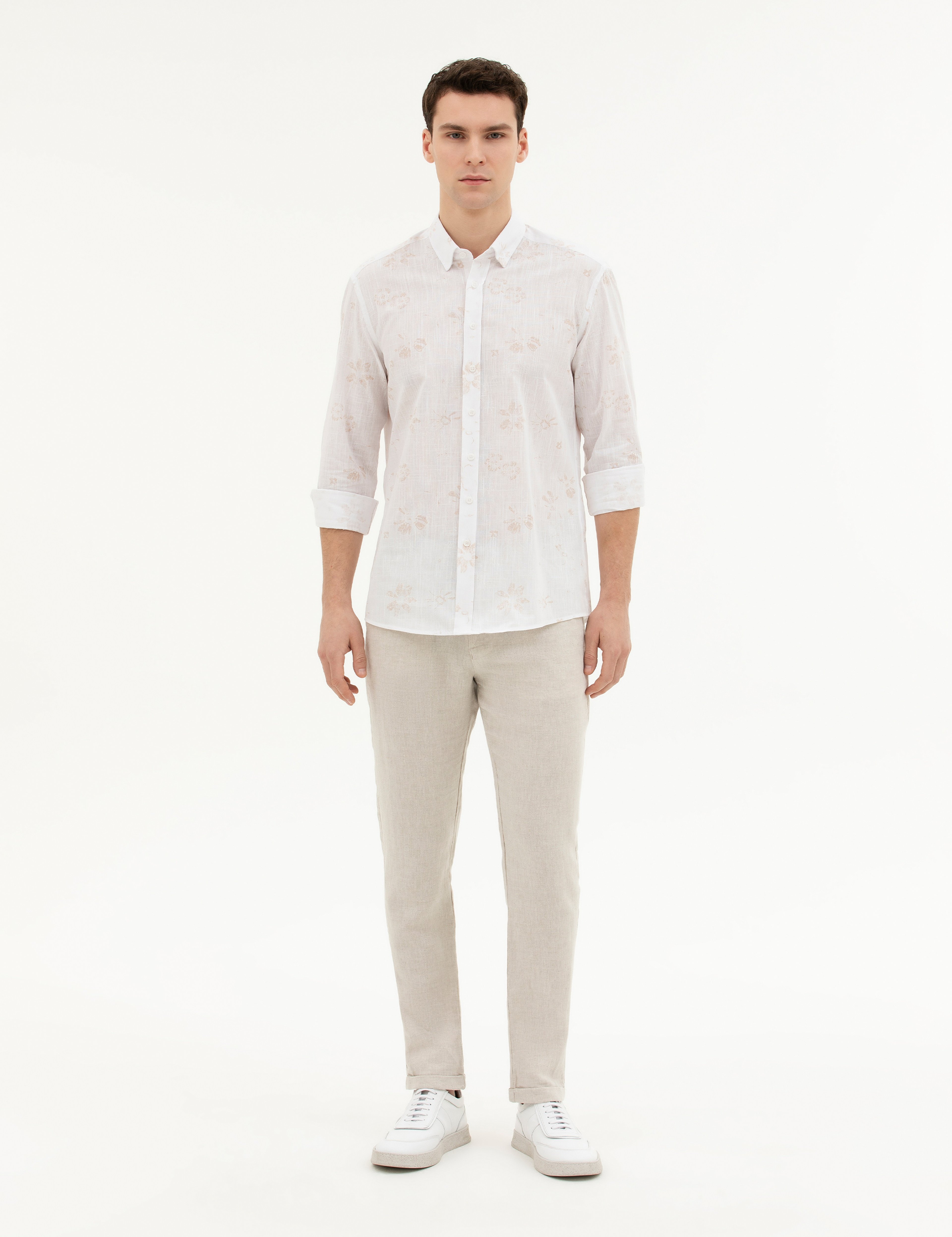 Bej Slim Fit Keten Karışımlı Kanvas Pantolon - Image 1
