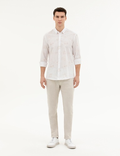 Bej Slim Fit Keten Karışımlı Kanvas Pantolon