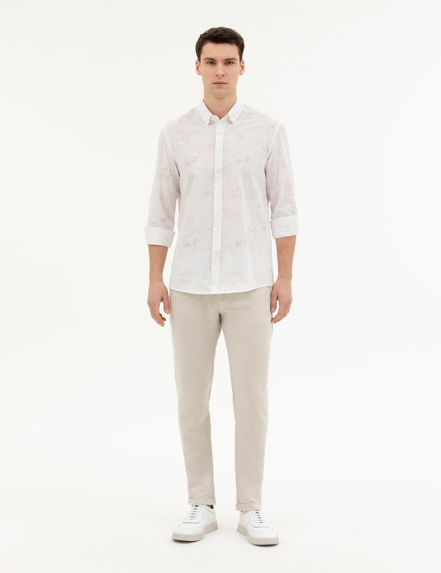 Bej Slim Fit Keten Karışımlı Kanvas Pantolon