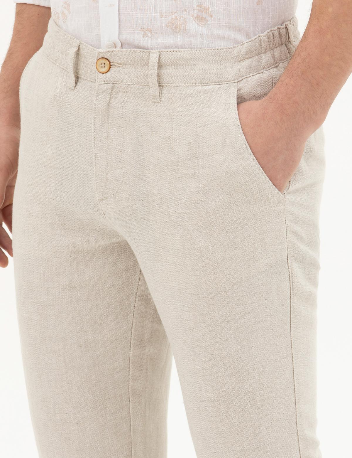 Bej Slim Fit Keten Karışımlı Kanvas Pantolon - 50287884130