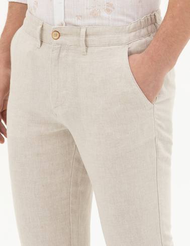 Bej Slim Fit Keten Karışımlı Kanvas Pantolon