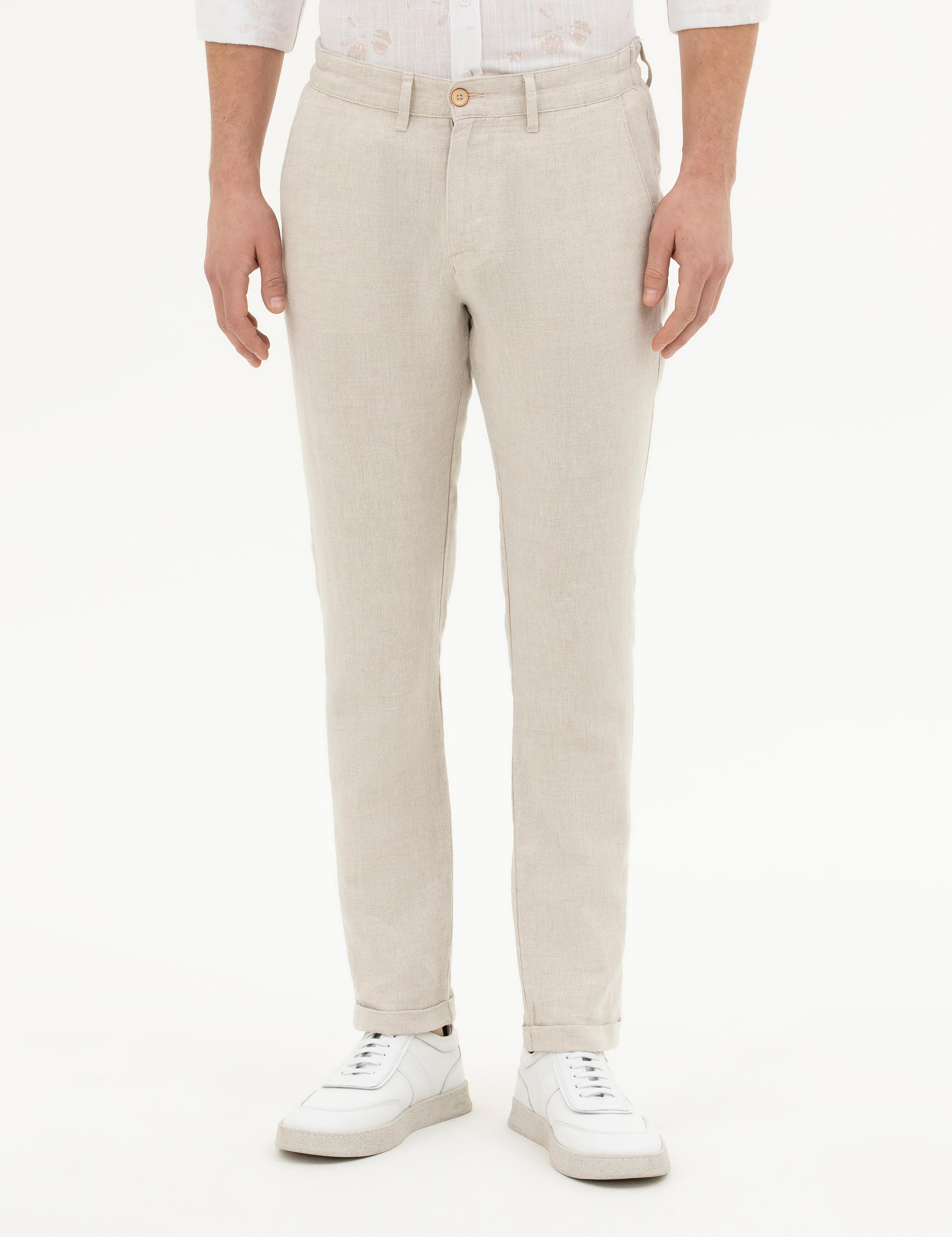 Bej Slim Fit Keten Karışımlı Kanvas Pantolon