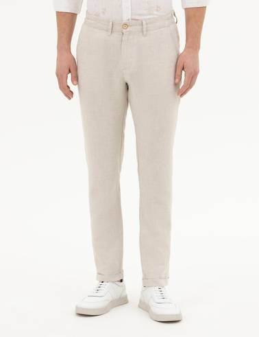 Bej Slim Fit Keten Karışımlı Kanvas Pantolon