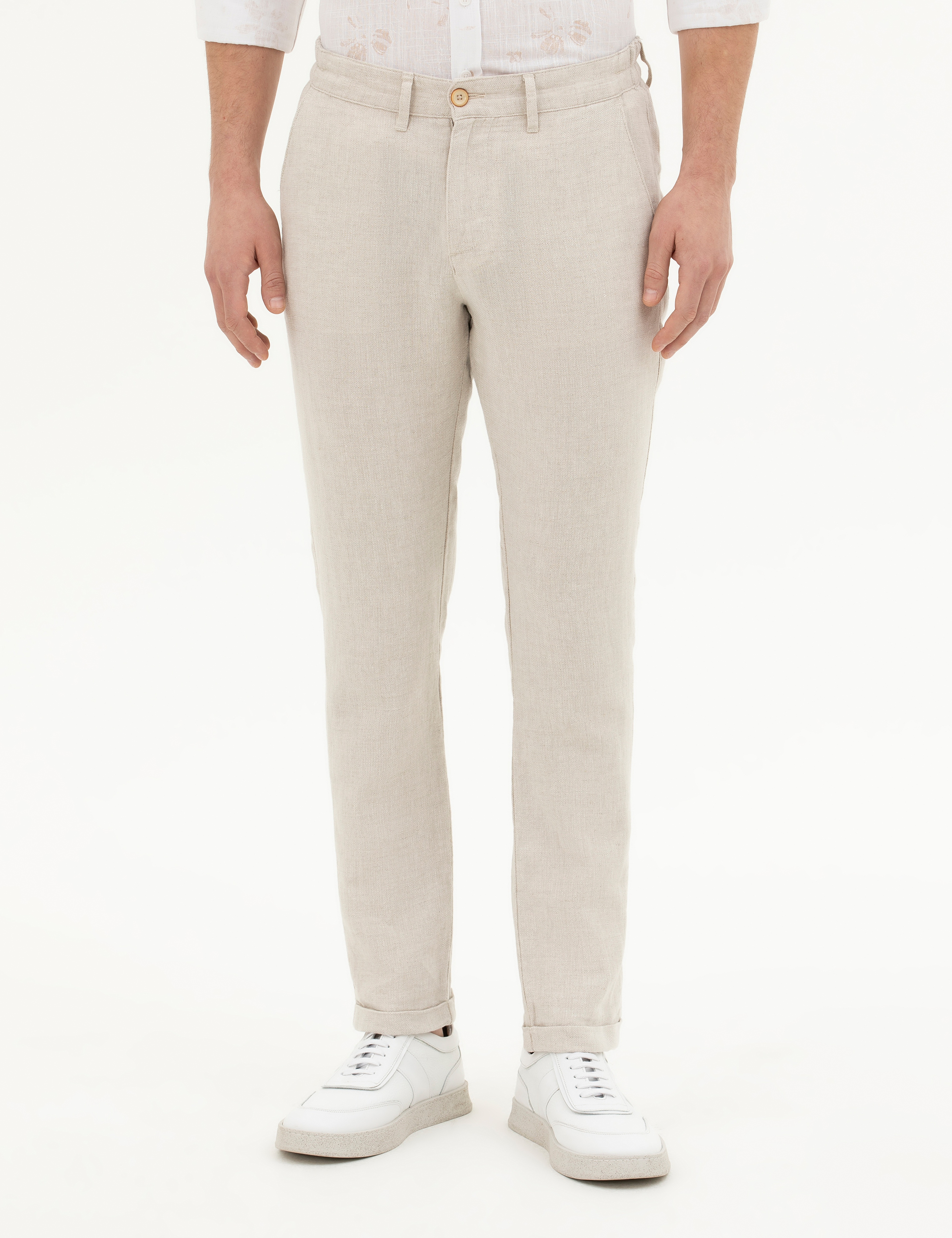 Bej Slim Fit Keten Karışımlı Kanvas Pantolon - Image 2