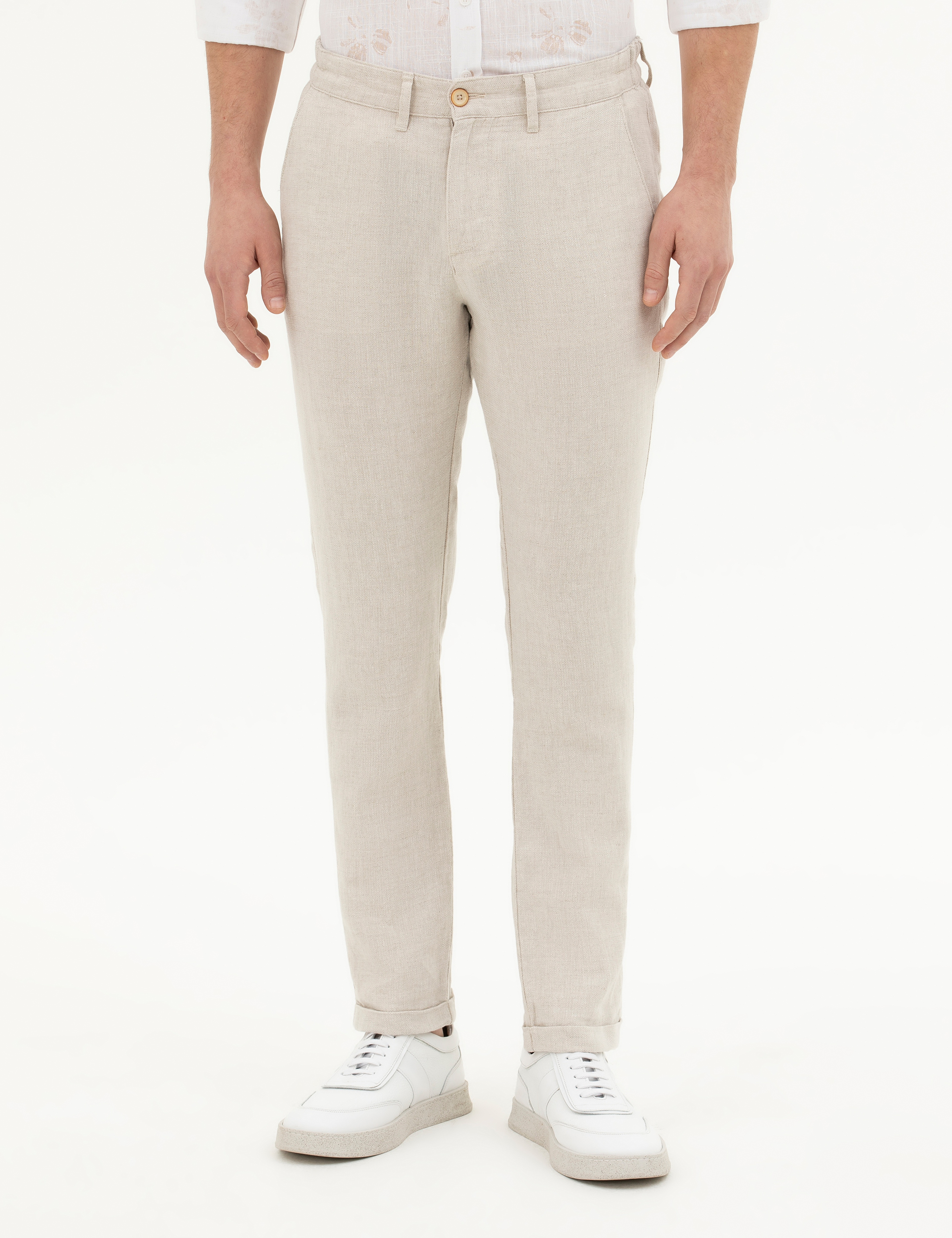 Bej Slim Fit Keten Karışımlı Kanvas Pantolon