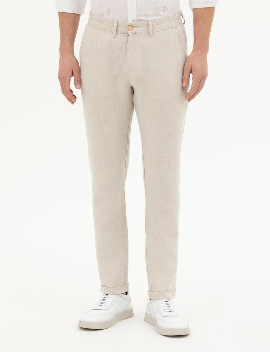 Bej Slim Fit Keten Karışımlı Kanvas Pantolon