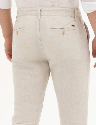 Bej Slim Fit Keten Karışımlı Kanvas Pantolon