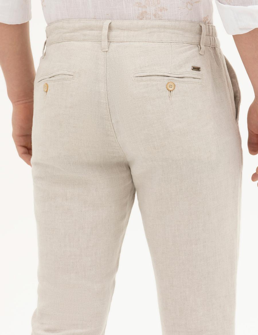 Bej Slim Fit Keten Karışımlı Kanvas Pantolon