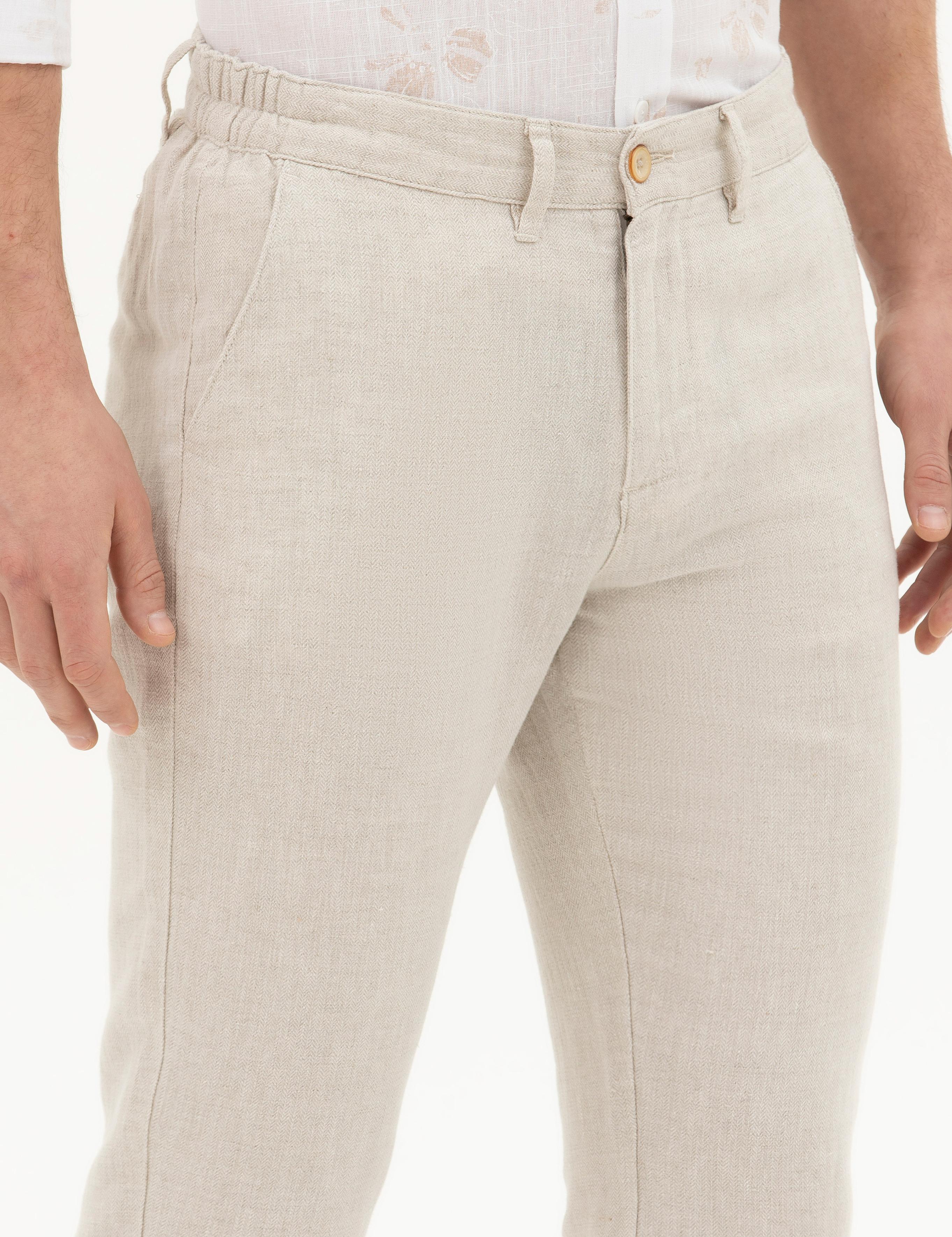 Bej Slim Fit Keten Karışımlı Kanvas Pantolon