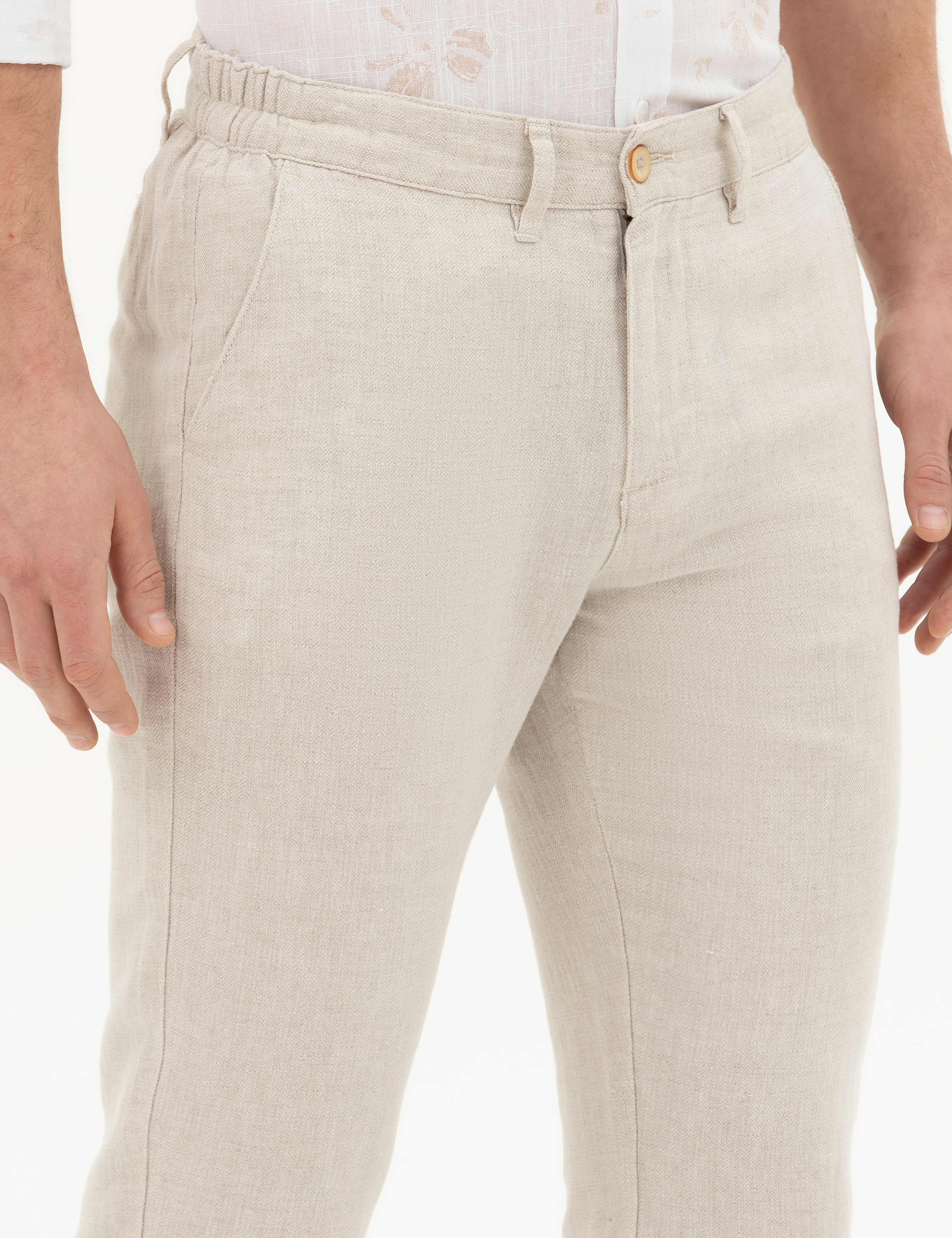 Bej Slim Fit Keten Karışımlı Kanvas Pantolon - Image 5