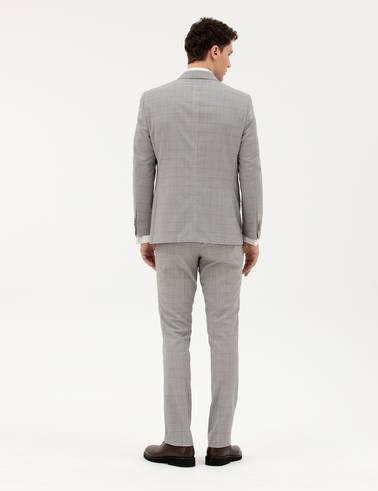 Gri Slim Fit %100 Yün Ekose Takım Elbise