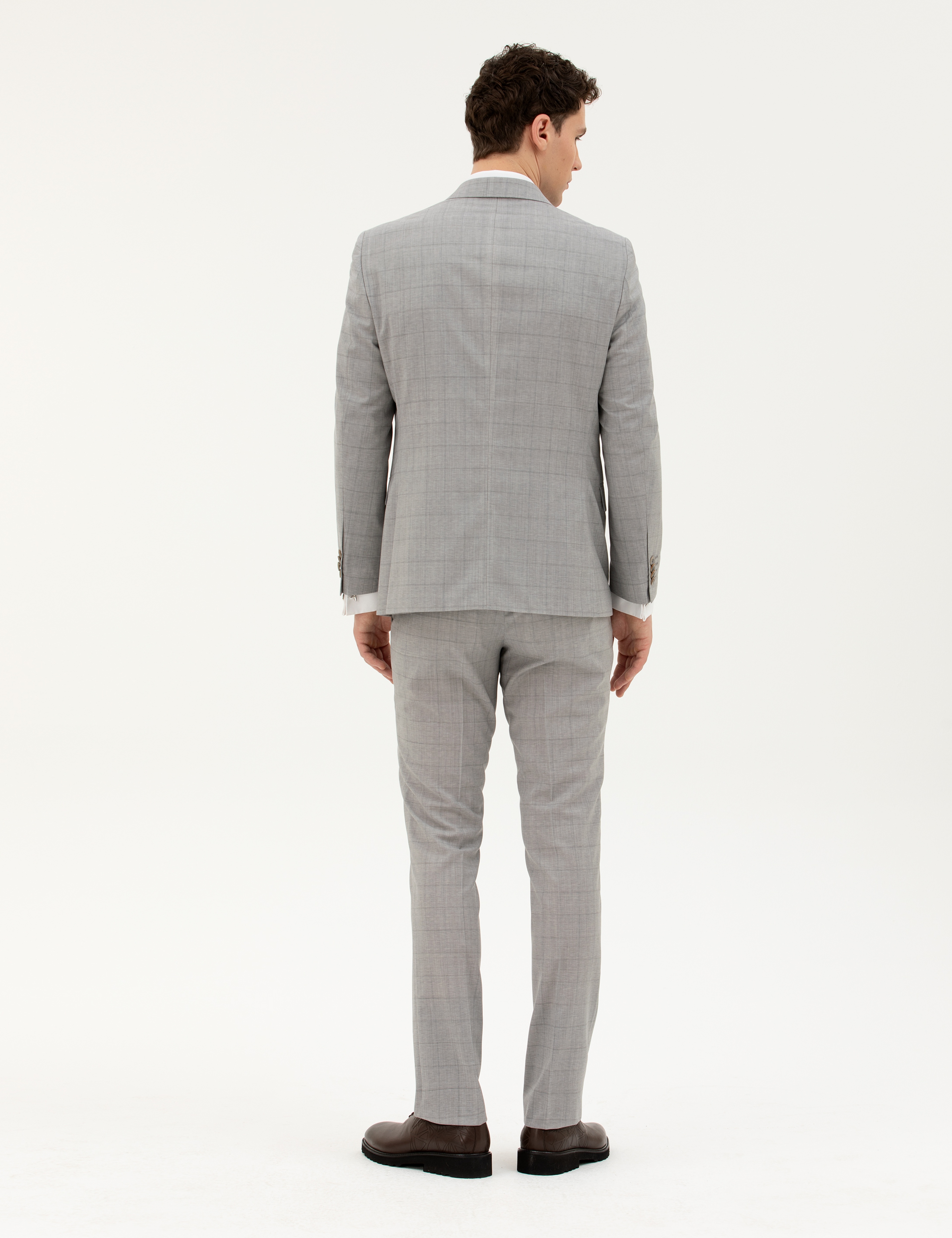 Gri Slim Fit %100 Yün Ekose Takım Elbise