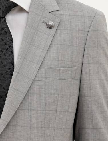 Gri Slim Fit %100 Yün Ekose Takım Elbise