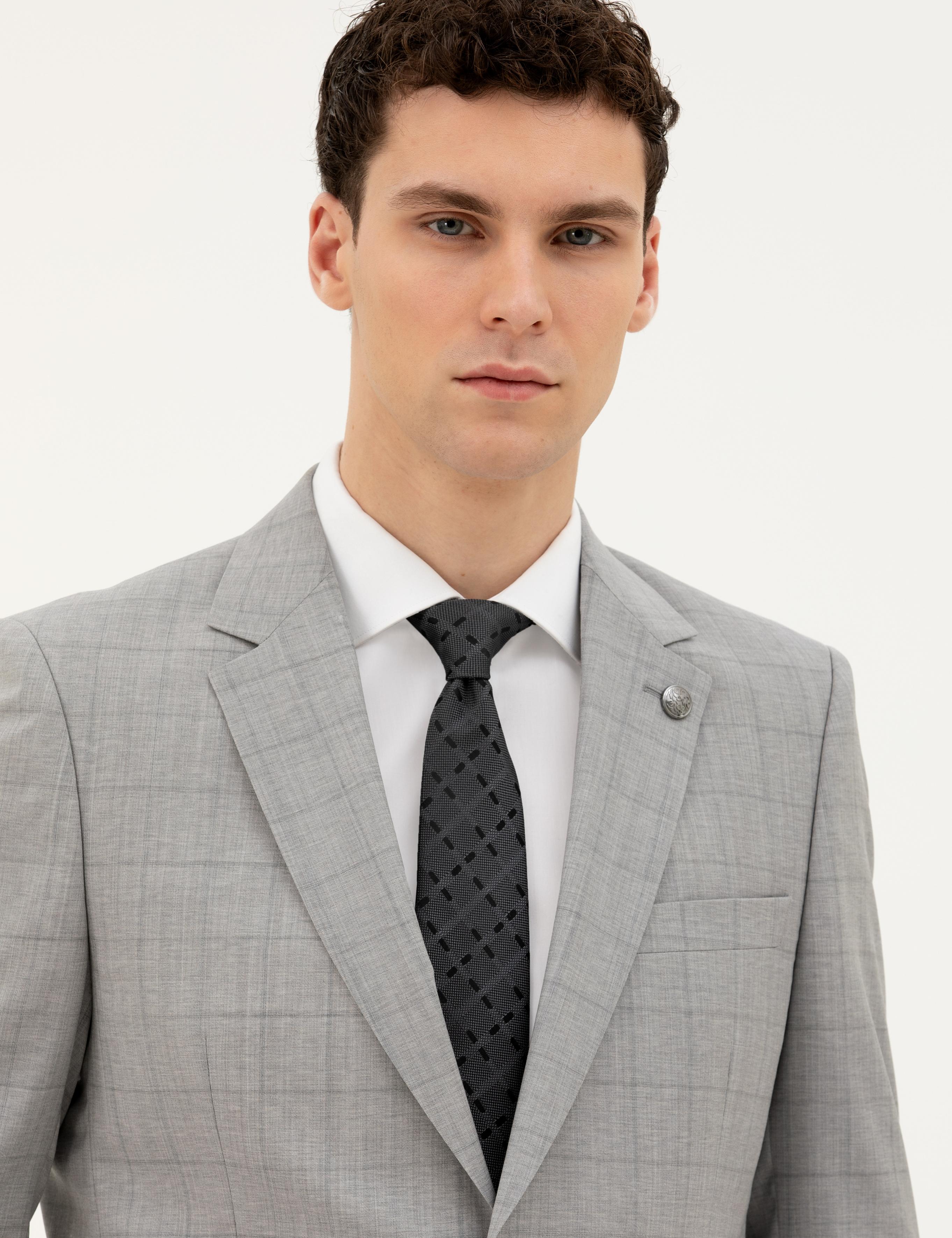 Gri Slim Fit %100 Yün Ekose Takım Elbise