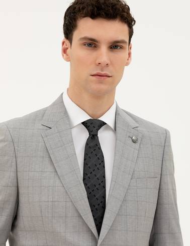 Gri Slim Fit %100 Yün Ekose Takım Elbise