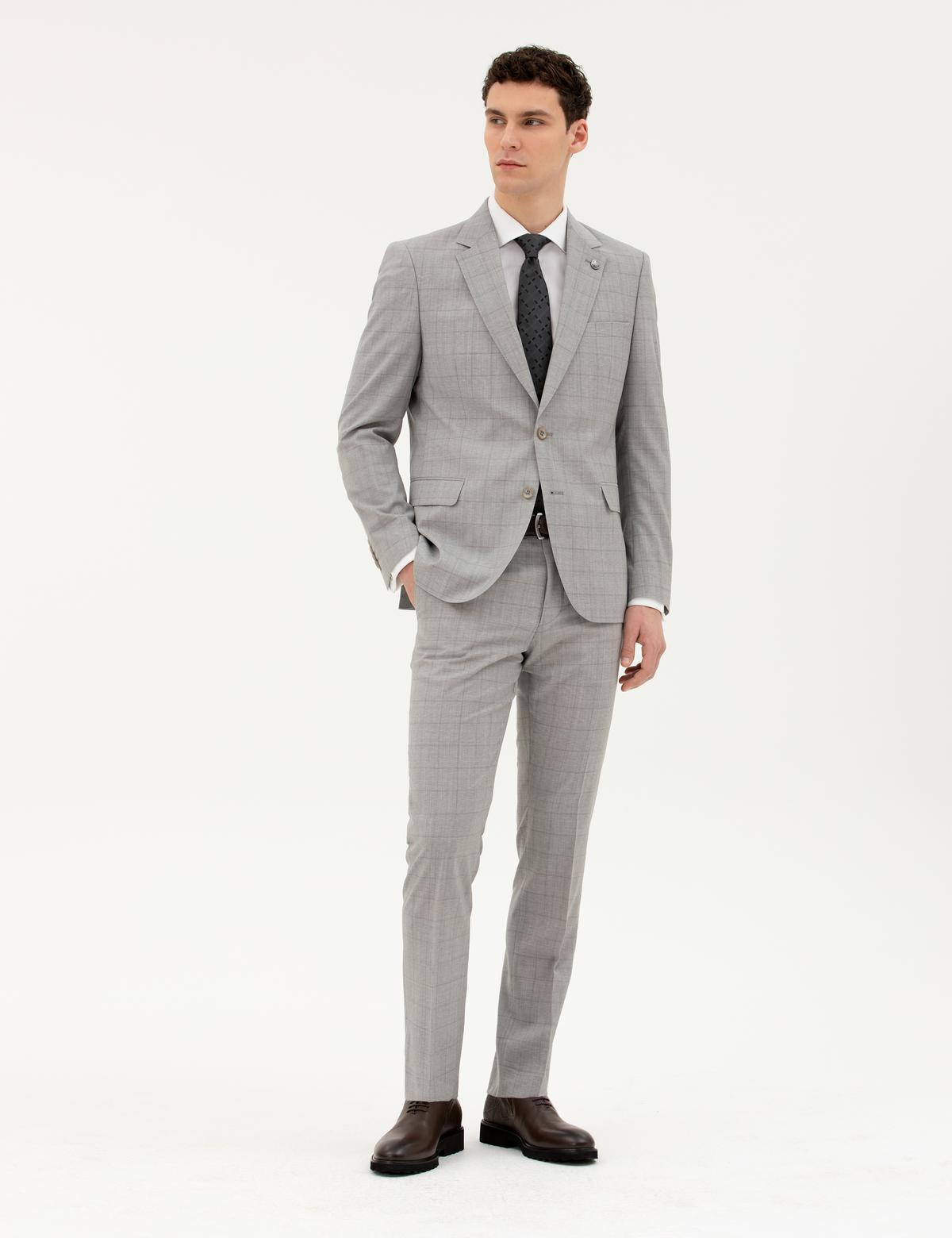 Gri Slim Fit %100 Yün Ekose Takım Elbise - 50285258017