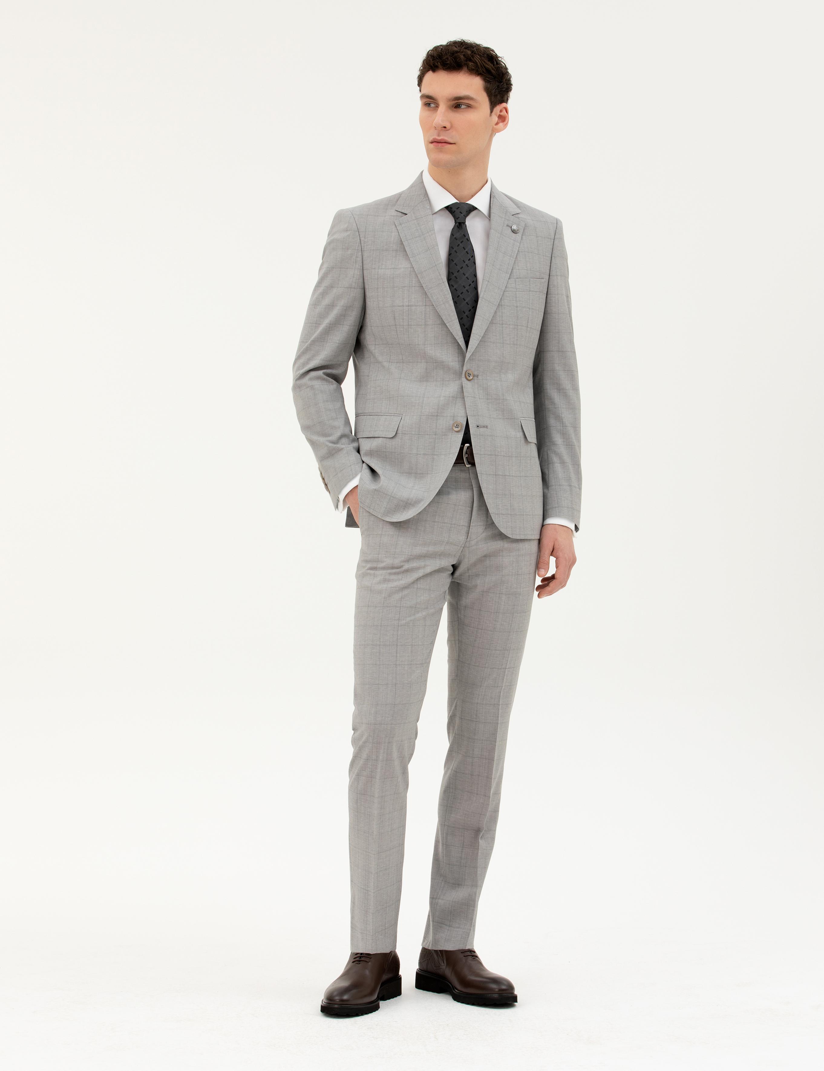 Gri Slim Fit %100 Yün Ekose Takım Elbise