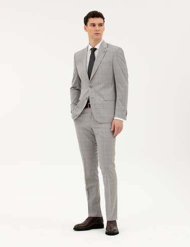 Gri Slim Fit %100 Yün Ekose Takım Elbise