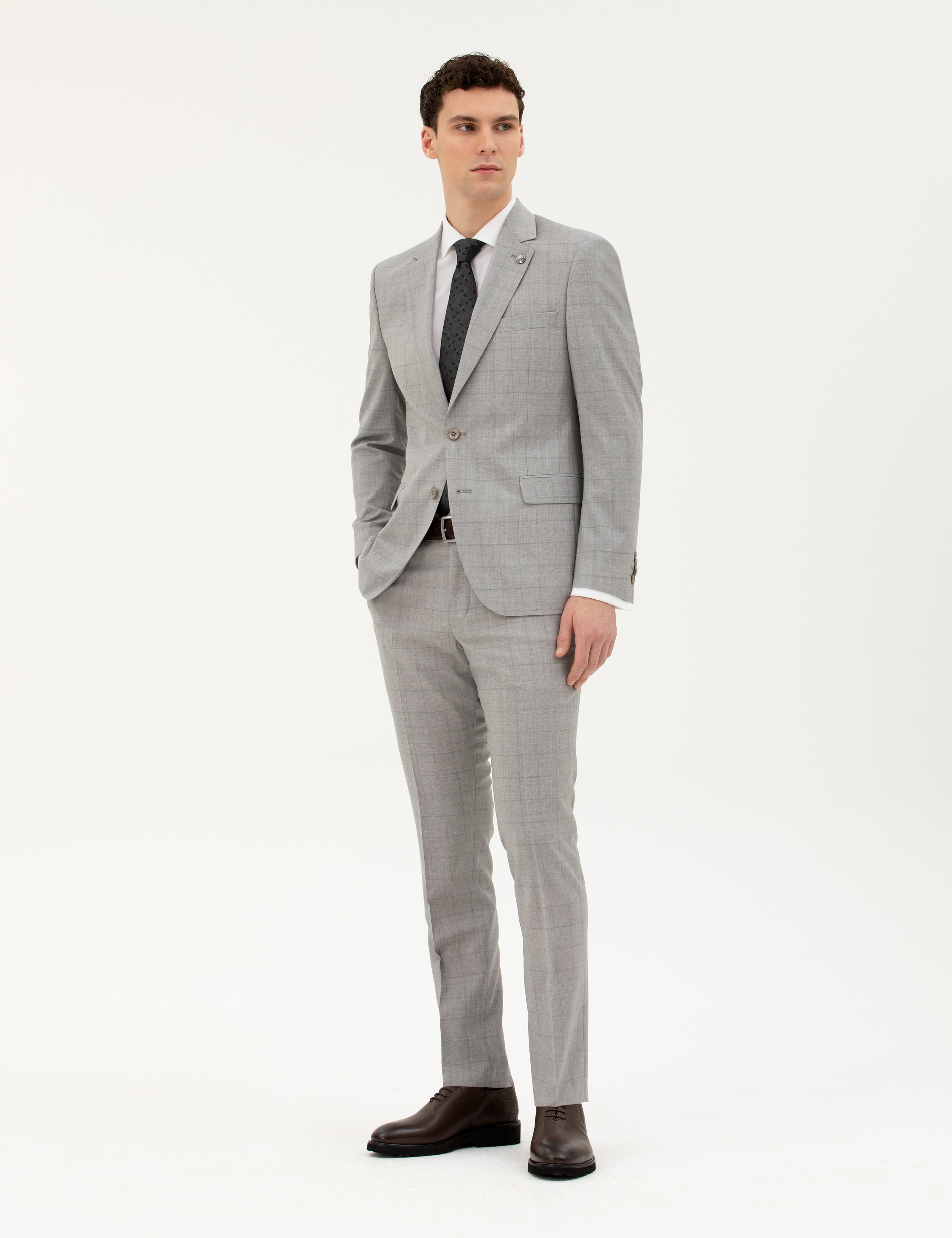 Gri Slim Fit %100 Yün Ekose Takım Elbise - Image 1
