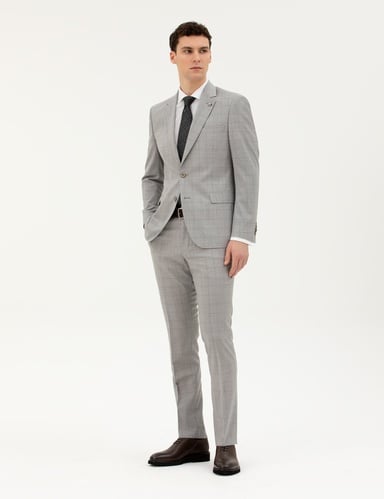 Gri Slim Fit %100 Yün Ekose Takım Elbise