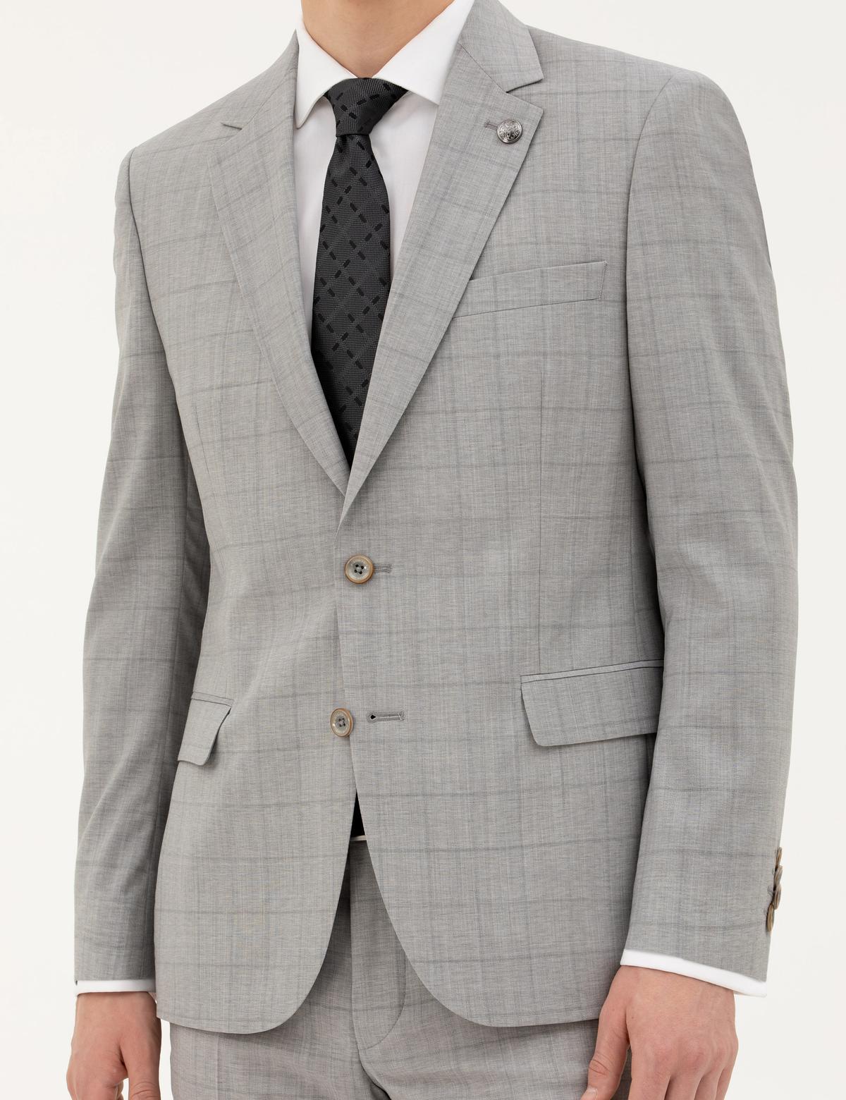 Gri Slim Fit %100 Yün Ekose Takım Elbise - 50285258017