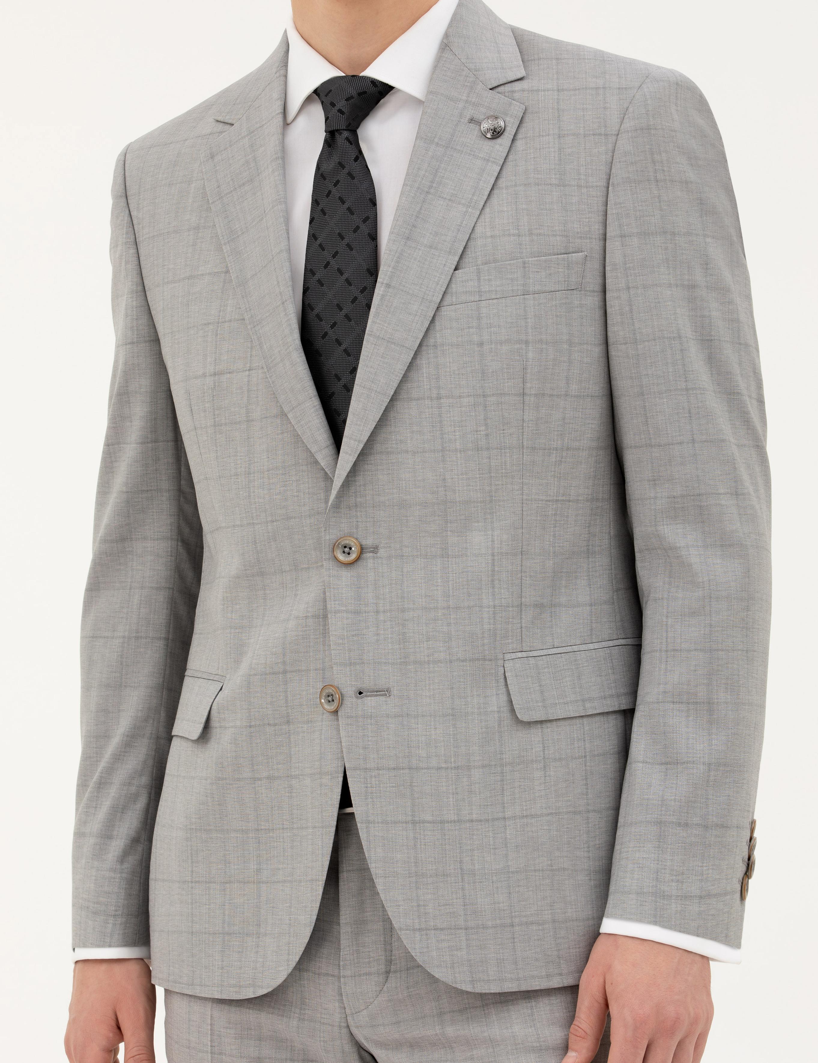 Gri Slim Fit %100 Yün Ekose Takım Elbise