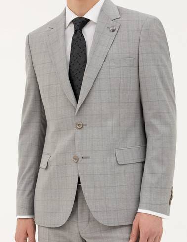 Gri Slim Fit %100 Yün Ekose Takım Elbise